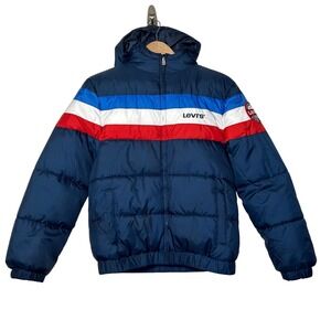Levi's Kids Puffer Jacket‎ Hooded Blue Red White L (12-13) Boys Girls Coat